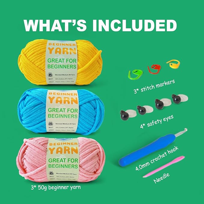 3 * 50g/1.76oz Yarn for Crocheting and Knitting, 3 * 60yds Beginner Yarn with Easy-to-See Stitches; Worsted-Weight Medium #4;Amigurumi-Friendly Crochet Kit(Yellow+Blue+Pink)