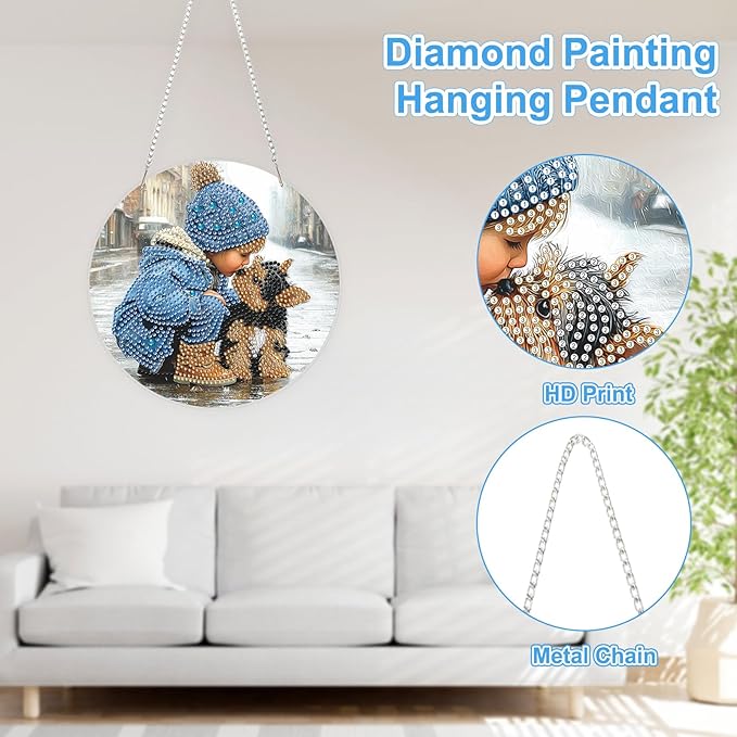 TOSTOG Diamond Art Hanging Kits for Adults, Dog and Boy Diamond Painting for Adults Window Pendant, Special Shape Diamonds Diamond Painting Hanging Pendant Kit for Wall Home Decor Gift Animal Dog