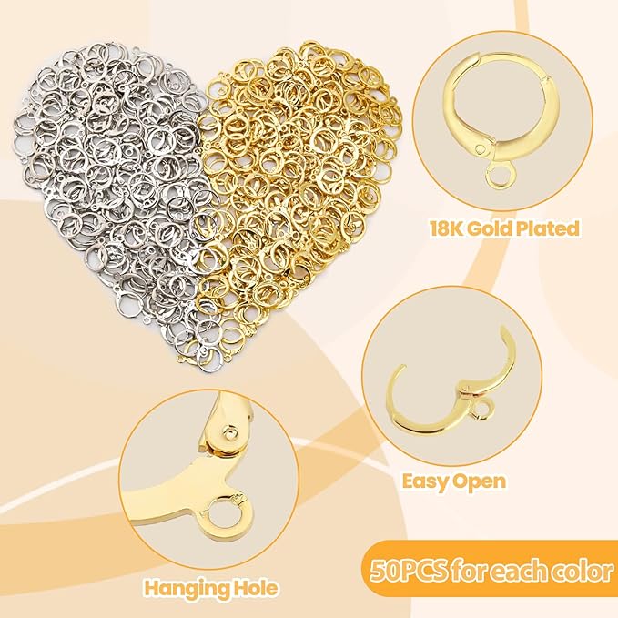 50pcs 18k gold filled earring hooks for jewelry making, round lever back earrings jump french hook, earring supplies findings ear wire with open loop for diy designs earring making (silver)