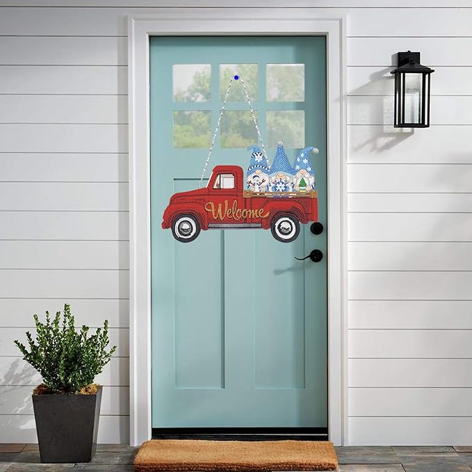 APCGSM 16PCS Interchangeable Diamond Painting Welcome Sign for Front Door Holiday Gnome Decor Red Truck Hanging Sign Diamond Art Painting Kits for Adults Interchangeable Seasonal Decor for Home Wall