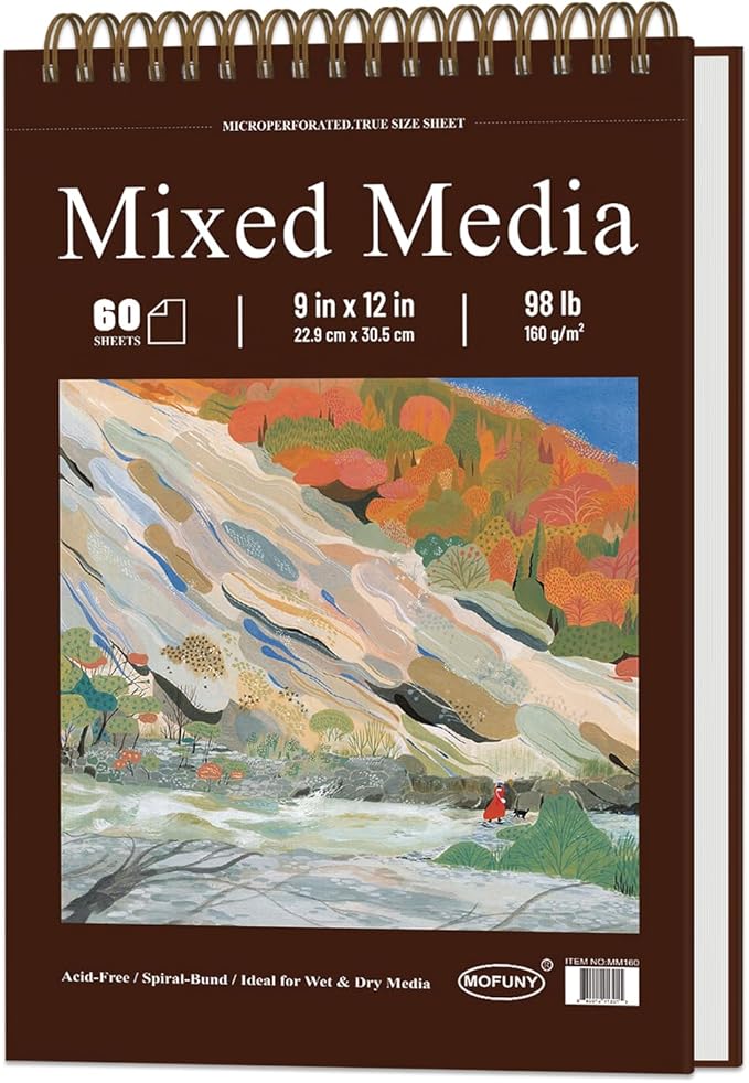 mixed media sketchbook 9" x 12" - multimedia sketchbook hardcover, spiral bound, 60 sheets 98lb/160gsm mixed media paper, watercolor sketch books for artist supplies, painting, drawing & art supplies.