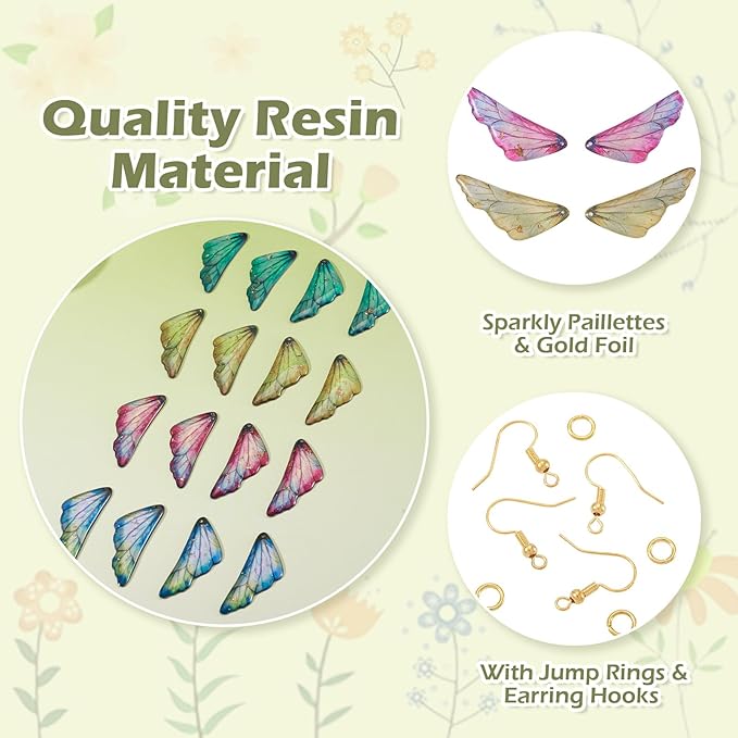 FASHEWELRY 16Pcs Resin Butterfly Wing Charms Yellow Pink Blue Feather Earring Charms Transparent Glitter Insect Wings Pendants with Jump Rings Earrings Hooks for DIY Earring Jewelry Making