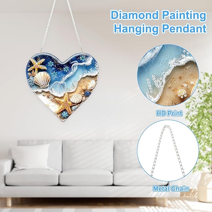 TOSTOG Diamond Art Hanging Kits for Adults, Beach Shell Starfish Diamond Painting for Adults Window Pendant,Special Shape Diamonds Diamond Painting Hanging Pendant Kit for Wall Home Decor Gift