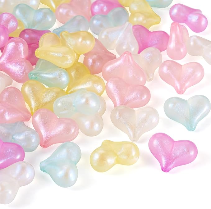FASHEWELRY 50Pcs Rainbow Acrylic Heart Beads Glitter Heart Pastel Bead Candy Color Conversation Pony Beading Bulk for Valentine Day Jewelry Making Bracelet Keychains