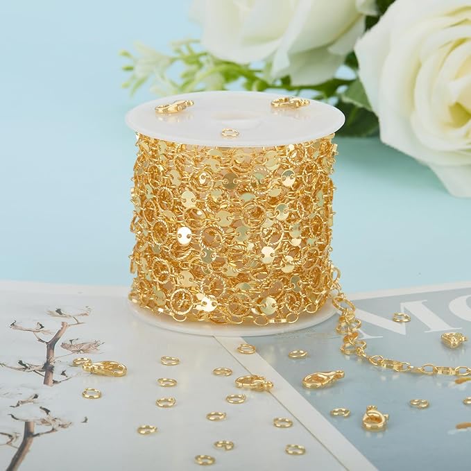 KYUNHOO 5 Meters Gold Plated Jewelry Making Chains Hollow Circle Chain Sequin Chain for Jewelry Making 18K Gold Chain Bulk for Handcraft Making with Jewelry Clasps