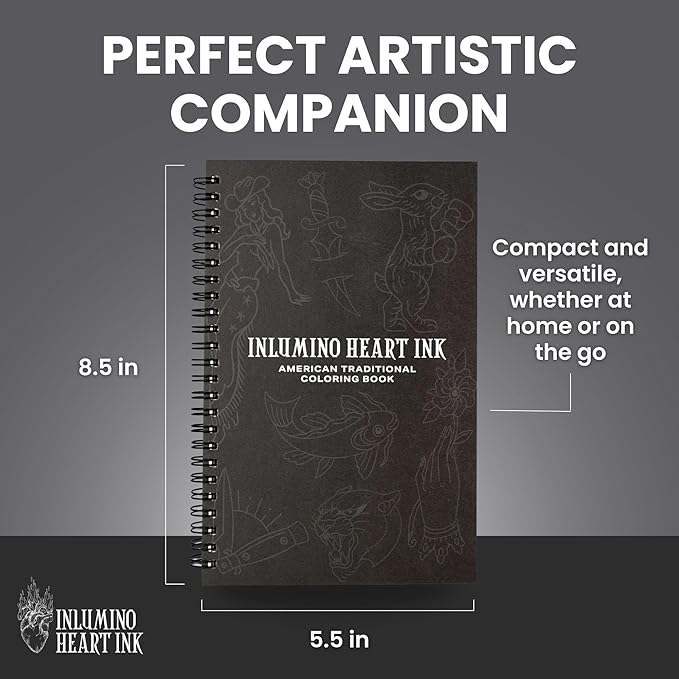 Inlumino Heart Ink Tattoo Practice Coloring Book: American Traditional – Spiral Bound Art Book with 40 Designs on 240 GSM Textured Pages – Use with Ballpoint Cartridges & Rotary Machines