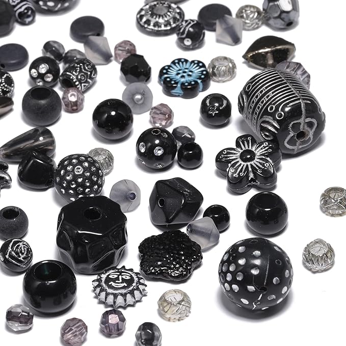 7.5 OZ Assorted Vintage Acrylic Beads for Jewelry Making, Song Xi Unique Flower Rose Czech Beads for Bracelet Earrings, Bohemia Style, Bulk, DIY Holiday Gift (240-260 PCS, Black)