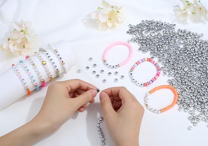 LAIDANLA 1000PCS Acrylic Number Beads Black Number Silver Round Bead 7×4mm for Jewelry Bracelets Necklaces Key Chains Making