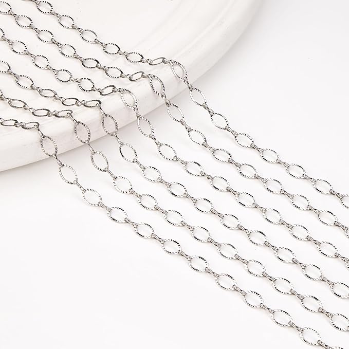Kyutong Texture Oval Circle Chains for Jewelry Making 16.4 Feet Stainless Steel Silver Chain with Jewelry Supplies for Men Women DIY Necklace Crafts