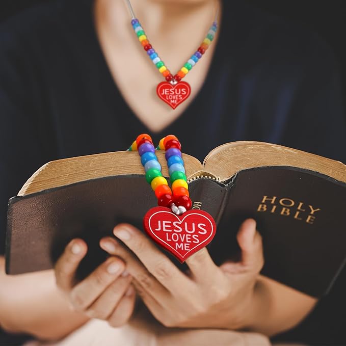 Ferreve 24 Sets Easter Christian Beaded Necklace Crafts Kit DIY Jesus Loves Me Heart Bead Craft Bible Religious Necklace Making Kit Bulk for Sunday School VBS Gifts Making
