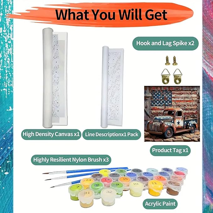 CHWGLFGG Vintage Truck Paint by Numbers Kit for Adults On Canvas,DIY Easy Adult Paint by Number Kits American Flag,Paint by Color Acrylic Paint Painting Home Wall Decor 16x16inch (Without Frame)