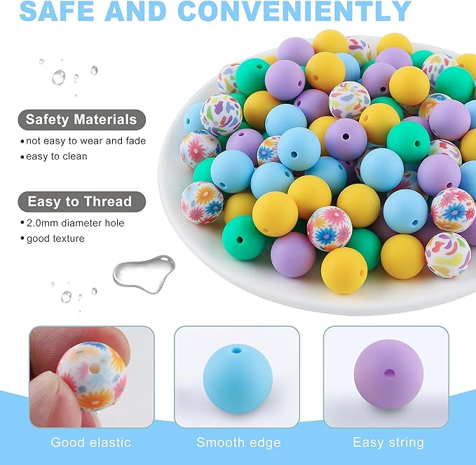 150Pcs Mixed Color 15mm Silicone Beads for Keychain Making, Blue Purple Flower Print Silicone Beads for Pens and Bracelet Jewelry Making