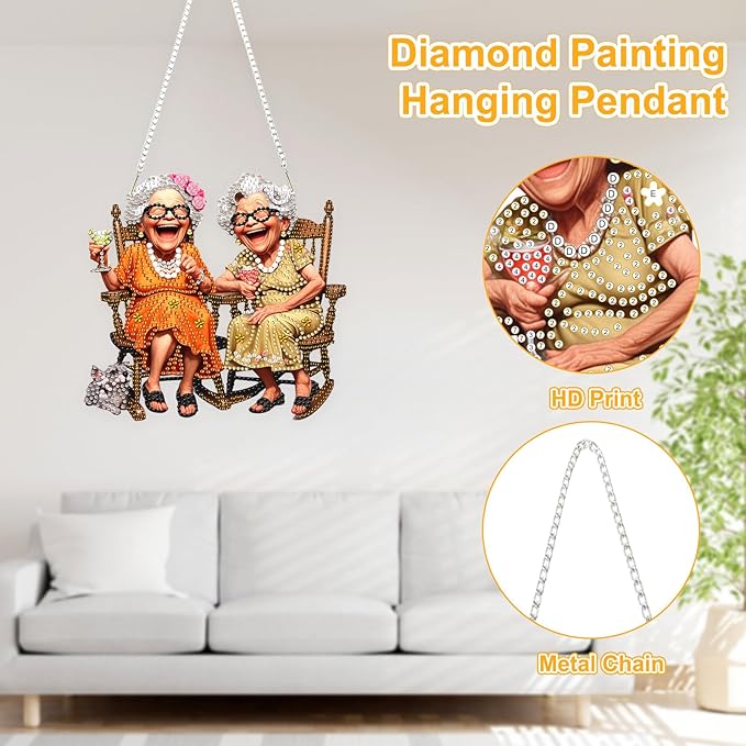 TOSTOG Diamond Art Hanging Kits for Adults, Happy Grandma Diamond Painting for Adults Window Pendant,Special Shape Diamonds Diamond Painting Hanging Pendant Kit for Wall Home Decor Gift