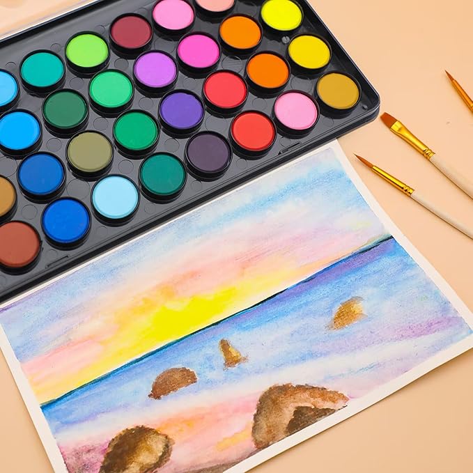 Artecho 36 Colors Watercolor Paint Set with 3 Brushes, Washable, Travel Design, Perfect for Card Making, Illustrations, Painting, Calligraphy