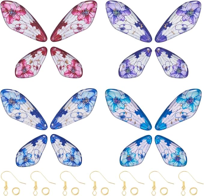 FASHEWELRY 16Pcs Resin Fairy Wing Earring Charms Pink Purple Blue Butterfly Wing Pendants Flower Print Feather Charms with Jump Rings Earrings Hooks for DIY Earring Jewelry Making