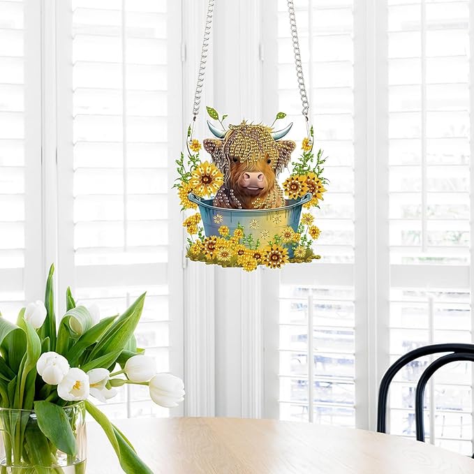 AiYuanzsh Diamond Painting Ornament 5D DIY Diamond Art Animal Cow and Sunflower Creative Design Handmade Acrylic Pendant Mosaic Making Kits by Number Kits Home Decoration Pendant