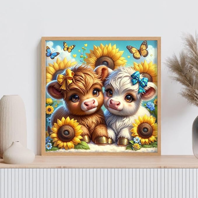 GEEHEIY Highland Cow Diamond Art Kits for Adults, 5D Cow Diamond Painting Kits for Beginner, DIY Sunflower Gem Art Dots for Adults, Perfect for Home Wall Decor 14x14 Inch