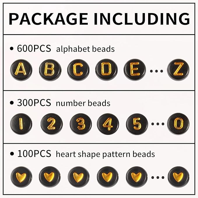 Yochus 1000pcs Black Mixed Round Acrylic Beads 4x7mm Gold Alphabet Number Heart Shape Bead for Jewelry Making and DIY Bracelets