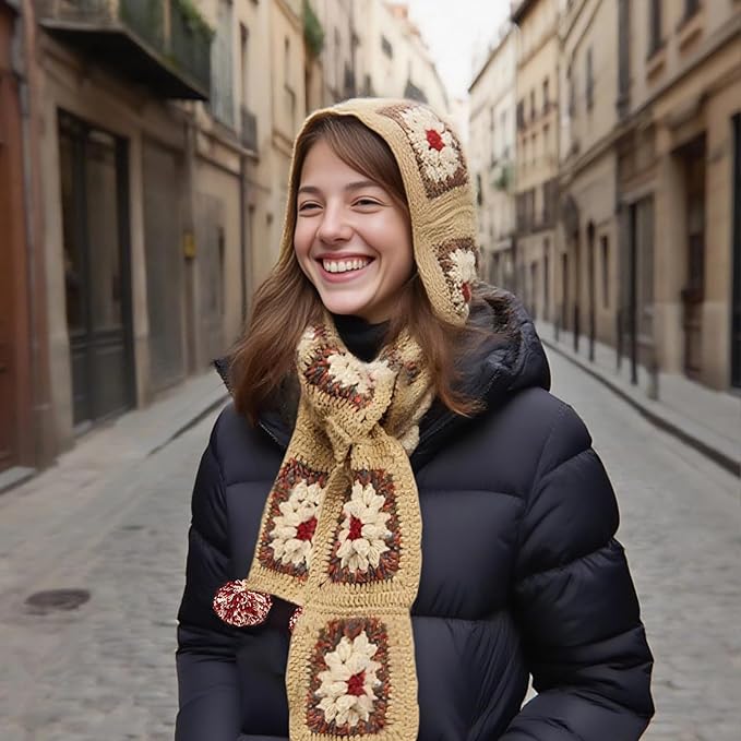 Noocro Complete Crochet Kit for Pom-Pom Granny Square Scarf Hood, DIY Yarn Kit, Detailed Instructions, Step by Step Video Tutorial, Beginner-Friendly, Intermediate Crocheter Craft Set (Roma Khaki)
