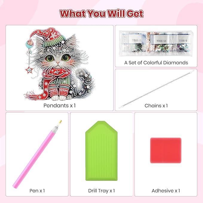 MOGTAA Christmas Diamond Art Hanging Kits for Adults Kids, Christmas Cat Diamond Art Suncatchers, 5D Special Shape Diamond Animal Painting Window Pendant Kit for Home Garden Wall Decor