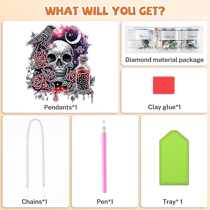 Bowetile Halloween Diamond Art Hanging Kits for Adults, Gothic Skull Diamond Art Suncatchers, 5D Special Shape Diamond Painting Pendant Window Ornament Gifts for Home Garden Door Wall Decor