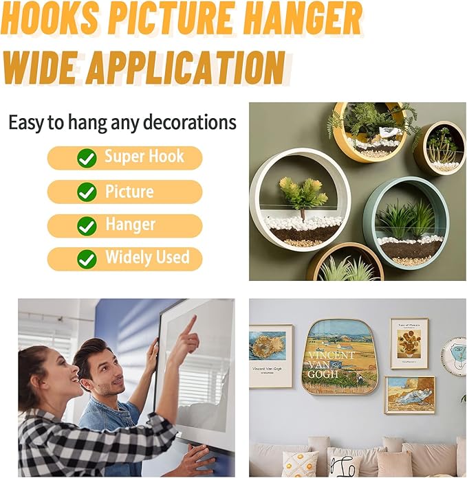 30pcs Aeneous Super Hook Picture Hangers and Office Pack, Drywall Hooks for Hanging Pictures, Wall Hooks, Picture Hangers, Picture Hanging Kit,Hang Art, Clock, Shelves, Mirrors