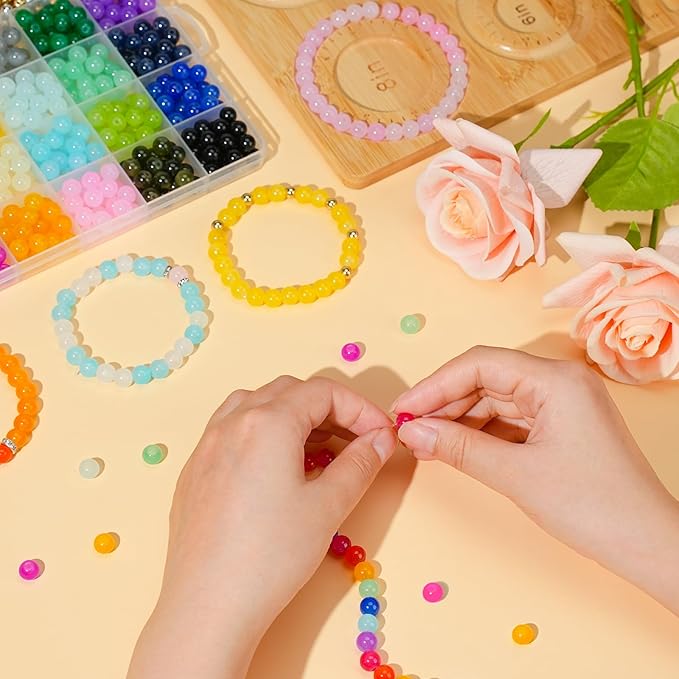 sistenia 8mm glass beads jewelry making kit, 24 colors crystal beads for bracelets round beads diy crafts with spacer beads accessories