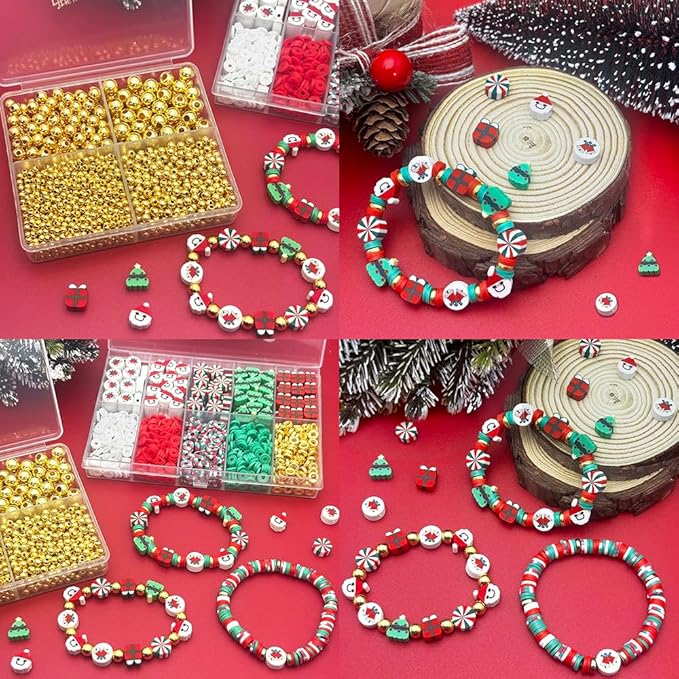 ZSFLZS Gold Beads Christmas Polymer Clay Beads Bracelet Making Kit, Round Spacer Bead 3/4/6/8mm 4 Size Smooth Ball Christmas Bead for Jewelry MakeDIY Bracelet, Necklace, Earring Making