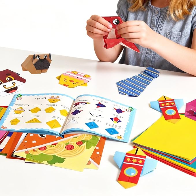 Origami Paper origami for Kids 5-8, foldology for kids100 Sheets Folding Paper (45Patterns×2+10Blank) with clear Guiding Book, Animals Dinosaur Art Activity DIY Craft Set Gifts