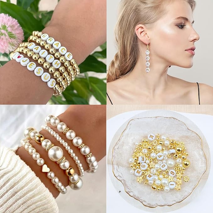 Hpebl 1040PCS Pearl Beads Kit - White, Gold, Small Pearl Beads for Bracelets & Jewelry Making for Adult