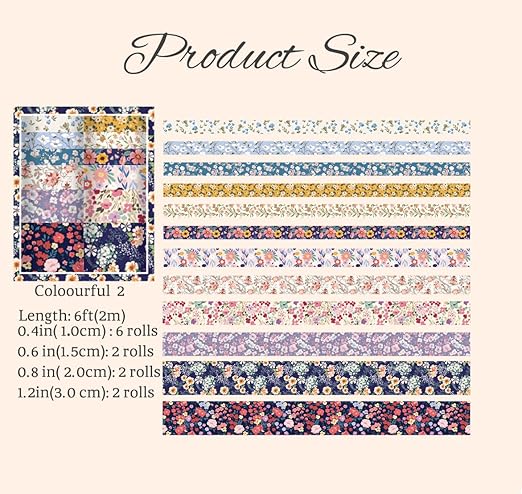 12 Rolls Floral Washi Tape Set - 0.4/0.6/0.8/1.2in Numerous Flowers Design Decorative Tapes for Journaling Scrapbooking Writable Vintage Scrapbook Supplies Letter Gift Craft Tape(Colorful2)