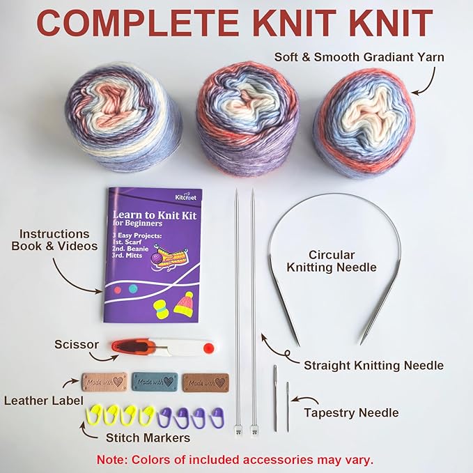 kitcroet knitting kit for beginners, complete beginner knitting kit including knitting needles set, soft gradiant cake yarn, learn to knit scarf, beanie, mittens with step by step video tutorials