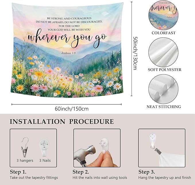 MNASAIOO Christian Wildflower Mountian Wall Tapestry Hanging for Bedroom, Bible Verse Scripture Joshua 1:9 Tapestries,Watercolor Spring Colorful Landscape Wall Decor for Living Prayer Room 50x60in