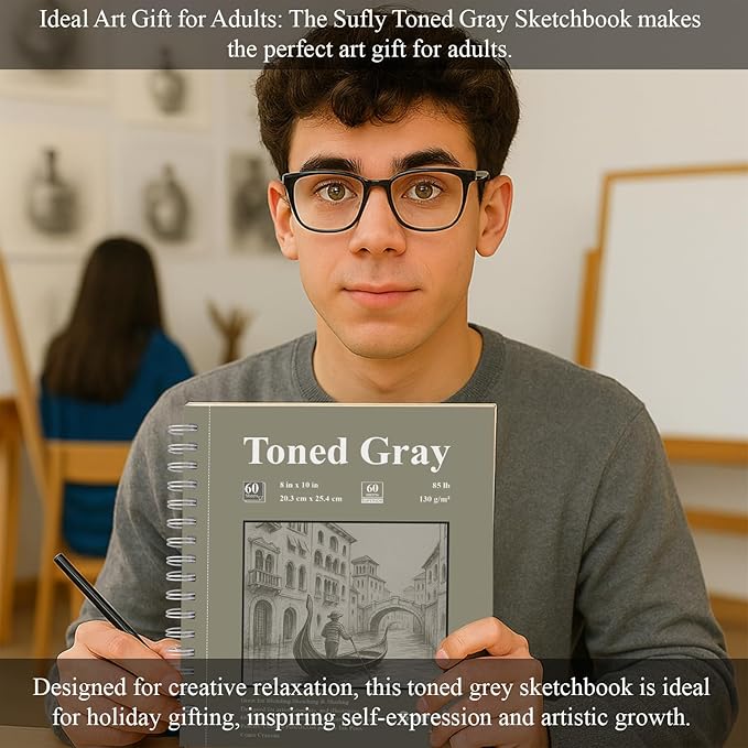 sufly toned gray sketch book 8"x10" - 60 sheets spiral bound sketch pad, 85lb/130gsm art paper for graphite, charcoal, colored pencils and gel pens.