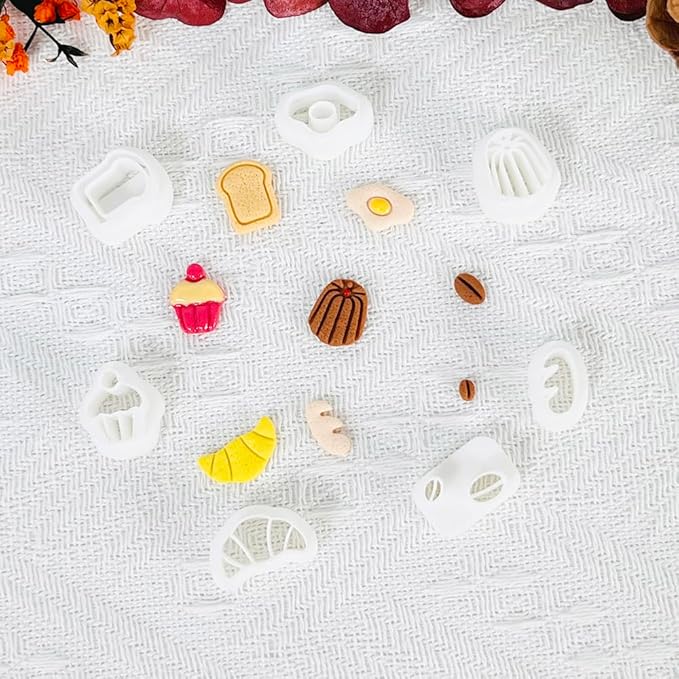 Xaekicr Breakfast Food Polymer Clay Cutters Set – 7pcs Bread Cupcake Egg Coffee Designs Clay Cutters for Polymer Clay Jewelry Making – Cute Clay Molds and Clay Tools for Mini Food Earrings