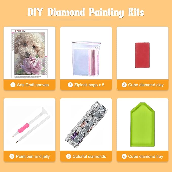 NAIMOER Puppy Diamond Painting Kits for Adults, DIY 5D Diamond Painting Aniamsls, Full Drill Dog and Flowers Diamond Art Kits Perfect for Relaxation and Home Wall Decor 30x40cm