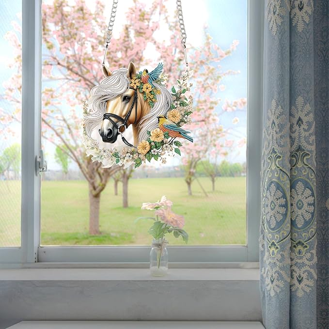 JZHYOAN Horse Diamond Painting Decorative Sign Diamond Art Hanging Kit DIY Hanging Diamonds Craft Pendant Wind Chimes with Diamonds Art Window Pendants Acrylic Pendants Crystal Arts Pendant Craft