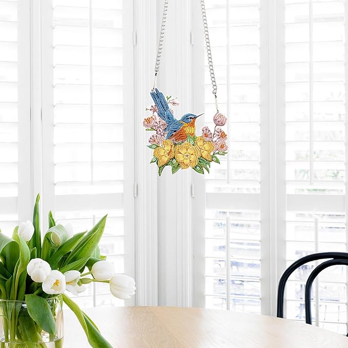 DIY 5D Bird Flower Diamond Art Painting Kits Hanging Sign Wall Art Sign Special Shaped Diamond Art Window Hanging Ornament Pendants Home Garden Wall Door Hanging Diamond Art Kits Valentine's Day Gift