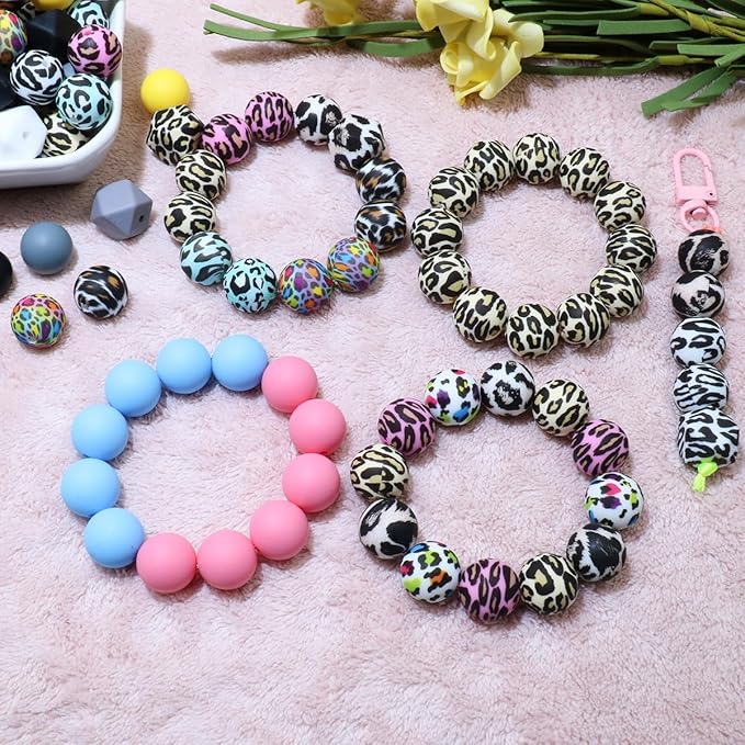 96Pcs 15mm Silicone Beads Bulk Leopard Focal Silicone Beads for Keychain Making Necklace Jewelry DIY Bracelet Making Supplies Kit (Leopard)