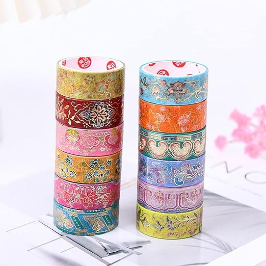 12 Rolls Vintage Washi Tape Set, Gold Foil Decorative Masking Tape for Scrapbooking, Journal, Planner, DIY Crafts, Gift Wrapping