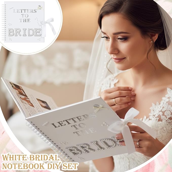 Fuyoooo 10 x 10 Inch Letters to The Bride Scrapbook Wedding Memory Book Bridal DIY Blank Paper Scrapbook Photo Album Guest Book Sign with Pearl Stickers, Metallic Letters, Bows (White)