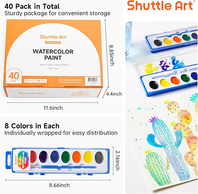 Shuttle Art 40 Pack Watercolor Paint Set, 8 Colors Watercolor Paint with Paint Brushes for Kids and Adults, Washable Paint for Classroom, Parties, Kindergarten and Art Activities