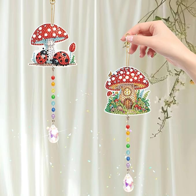 LazyFold 2 Pcs Diamond Painting Wind Chime Kits,Red Mushroom DIY Diamond Art Painting Wind Chime Kits Crystal Art Suncatchers for Adults Home Garden Window Craft Gift