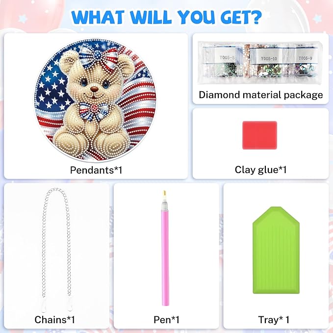 Bowetile Independence Day Bear 5D Diamond Art Hanging Kits for Adults, 4th of July Diamond Painting USA Window Pendant Kits, Special Shape Gem Art Suncatcher Ornament for Home Garden Wall Decor