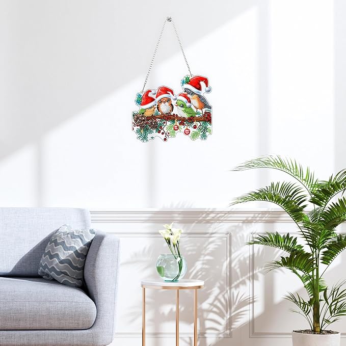 QENSPE DIY Hanging Diamond Painting Pendant Kit Berries,Christmas Birds Diamond Art Ornament Kit Acrylic Board for Window,Easy Crystal Pendant Gem Art for Home Garden Wall Decor,20x20cm