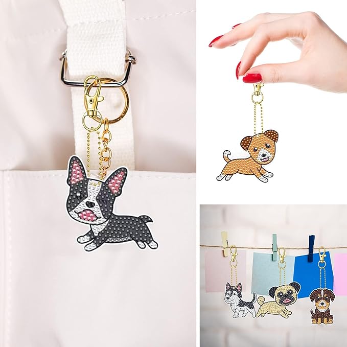 12 Pcs Dog Diamond Keychains Kit DIY Cute Dog Diamond Keychains Dog Diamond Keychain for Beginners Adults and Kids Art Craft Supplies Gift