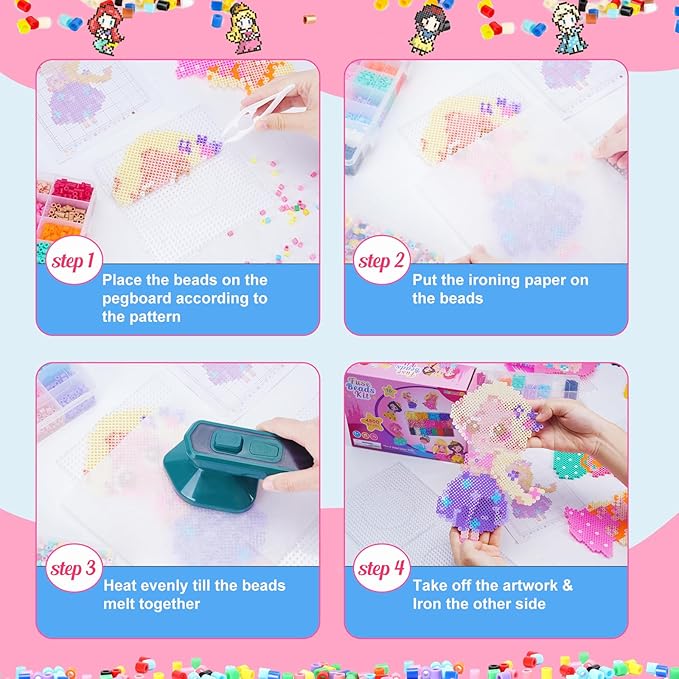 meland princess fuse beads craft kit for girls, 5mm beads set with pegboards & accessories, creative diy art toy for kids ages 5-12, perfect birthday or christmas gift for little princesses