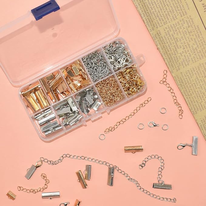 373Pcs Ribbon Bracelet Kit for Jewelry Making Ribbon End Crimps Lobster Clasps Awith Jump Rings and Chain Extenders for DIY Making Bookmark Pinch Bracelet Choker Necklace (Gold and Silver)