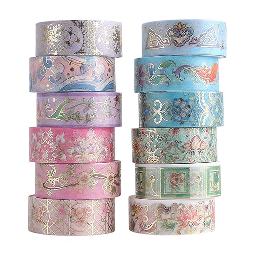 12 Rolls Floral Washi Tape Set, Gold Foil Flower Decorative Washi Masking Tape, Botanical Washi Tape for Scrapbooking, Journal, Planner, DIY Crafts, Gift Wrapping