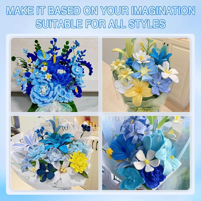 985-Piece Jumbo Size Premium Muti-Color Pipe Cleaner Craft Kit with Floral Supplies - Chenille Stems, Flower Wires, Stamens & Video Tutorial for Wedding Decorations (Blue White Set, Jumbo Craft Set)